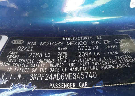 2021 Kia Forte Lxs из США, поврежденный, VIN 3KPF24AD6ME345740